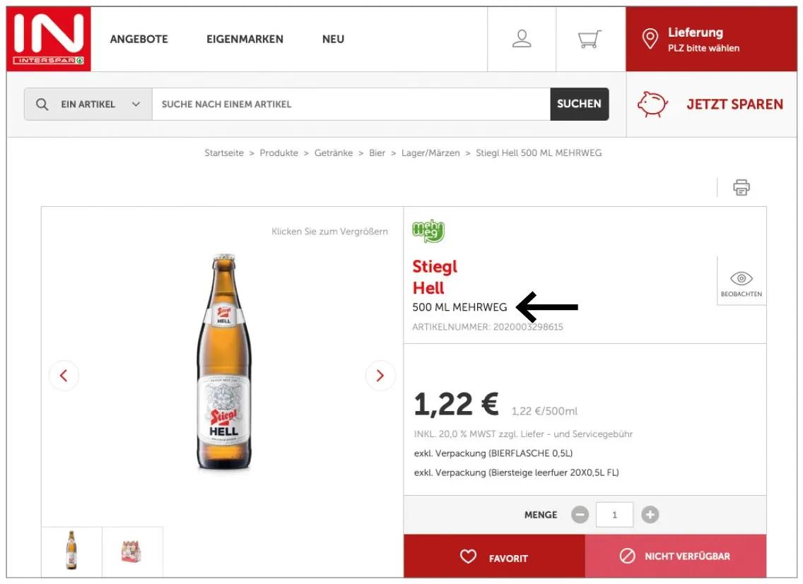 Screenshot einer gekennzeichneten Mehrweg-Bierflasche in einem Onlineshop