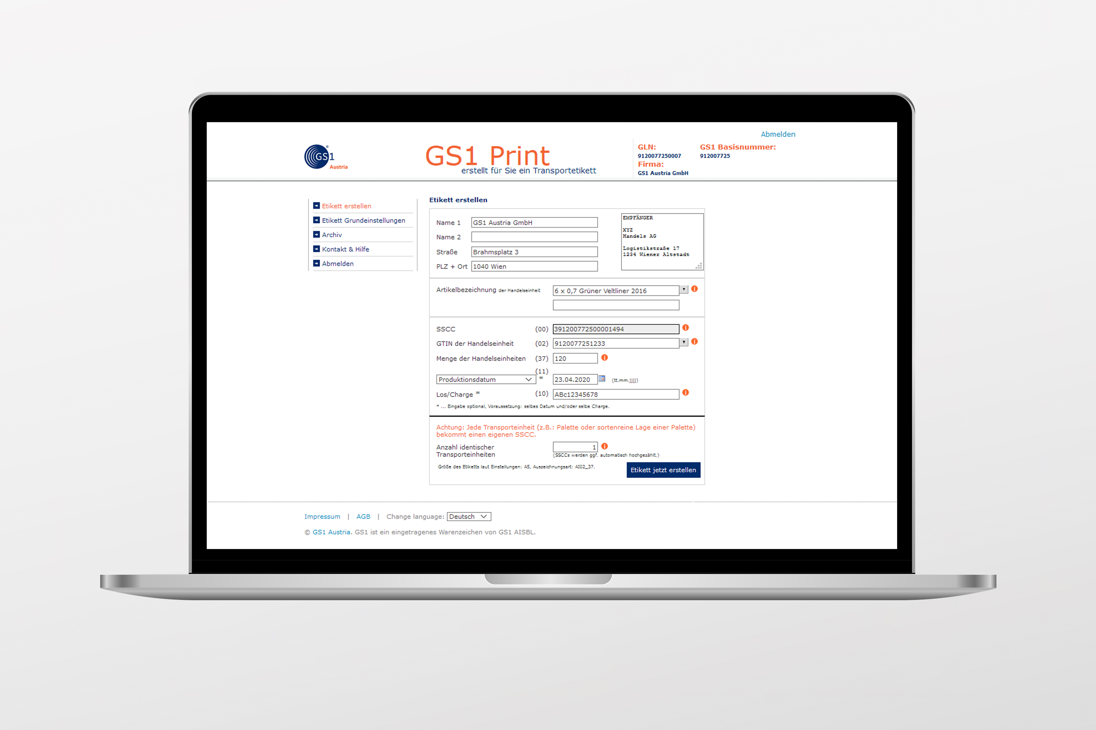 GS1 Print Grafik zeigt Einstiegsseite in das Service GS1 Print