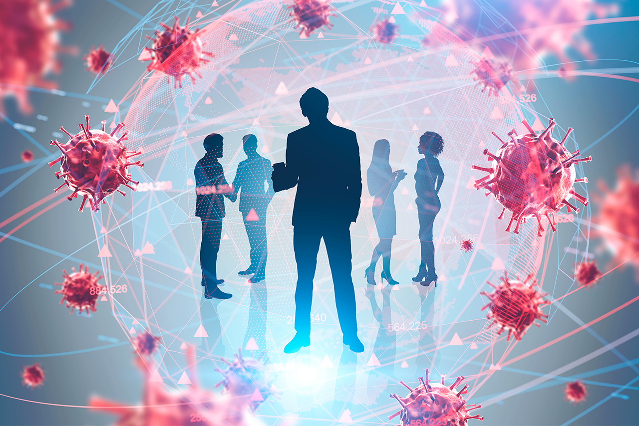 Coronavirus Bildcollage, die Viren und Menschen zeigt