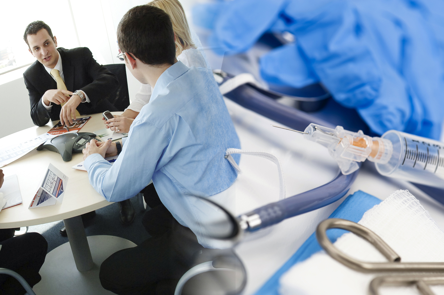 Gesundheit mitbestimmen, mitverändern Ein Bild von einem Meeting verläuft in ein Bild mit Medizinprodukten