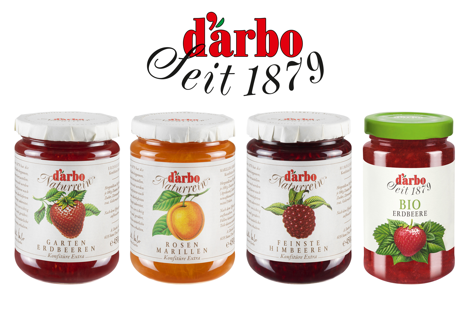 Darbo Konfitürengläser Himbeere, Erdbeere, Marille und Bio Erdbeere