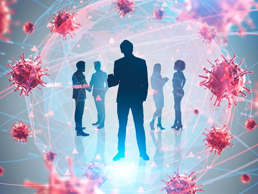 Bildcollage, die Viren und Menschen zeigt