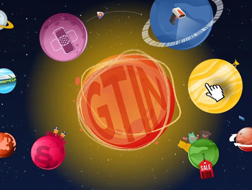 Grafik die ein Universum darstellt mit einem GTIN-Planet in der Mitte