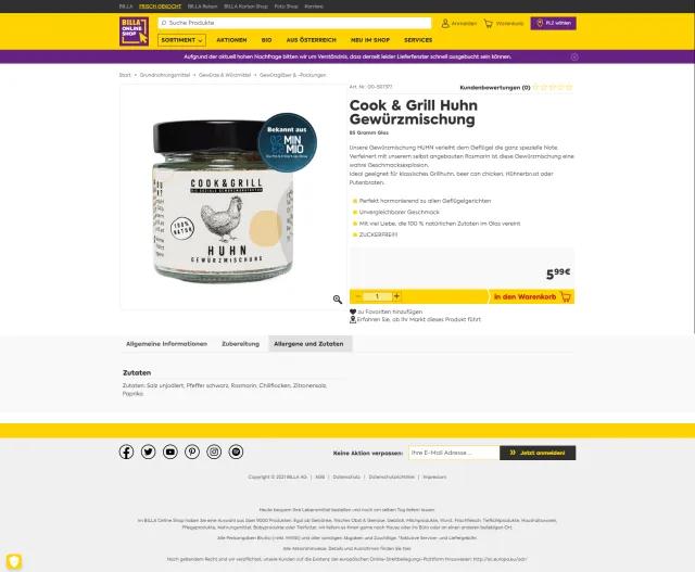 Billa Onlineshop Cook & Grill Gewürzmischung Huhn