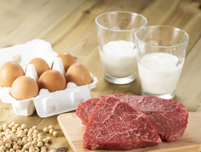 Foto mit Fleisch, Eiern und Milch
