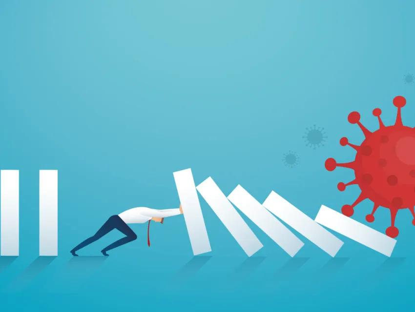 Grafik Mann hält Dominosteine die von Covid-19 Virus umgeworfen werden auf