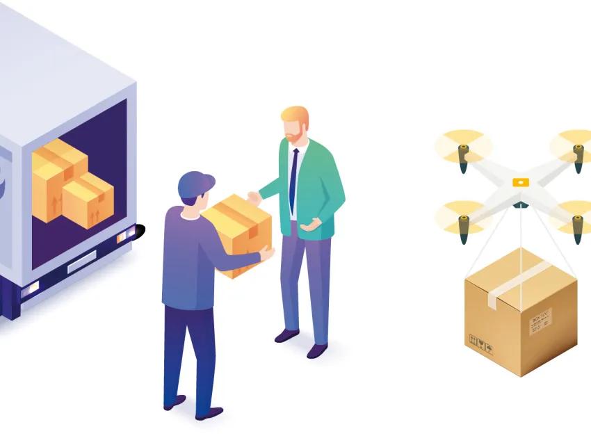Grafik von einem Lieferant der ein Paket an einen Mann übergibt und eine Drohne die ein Paket trägt