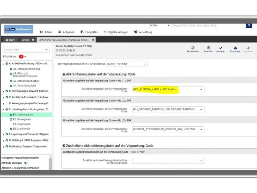Screenshot vom BIO AUSTRIA-GS1 Sync Portal