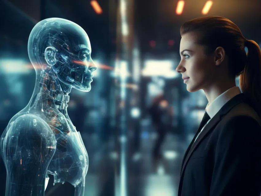 Foto einer Frau, die einer virtuellen Person gegenübersteht