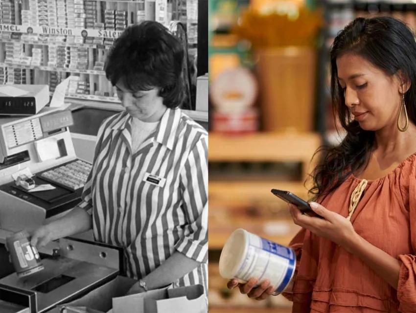 Foto zeigt das Scannen eines Barcodes 1974 und heute