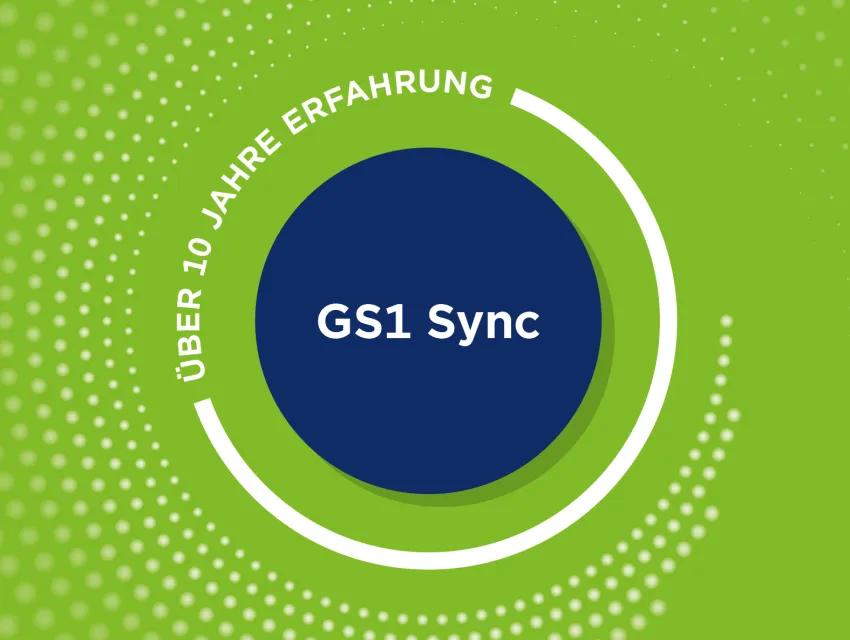 Grafik zeigt einen Kreis mit der Bezeichnung "GS1 Sync" im Mittelpunkt, umrandet von "Über 10 Jahre Erfahrung"