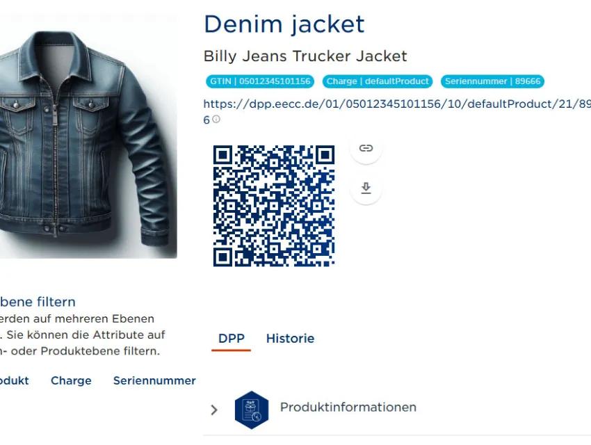 Screenshot aus dem DPP Demonstrator mit einer Jeansjacke als Produktbeispiel