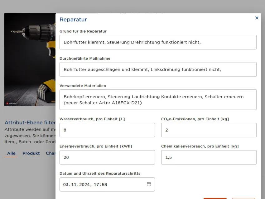 Screenshot aus dem DPP Demo-Tool: Erfassung einer Reparatur