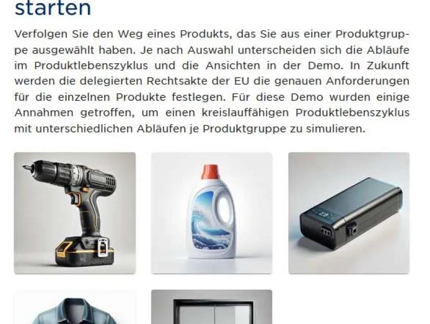 Screenshot aus dem DPP-Demo-Tool: Auswahl einer Produktgruppe zur Demo