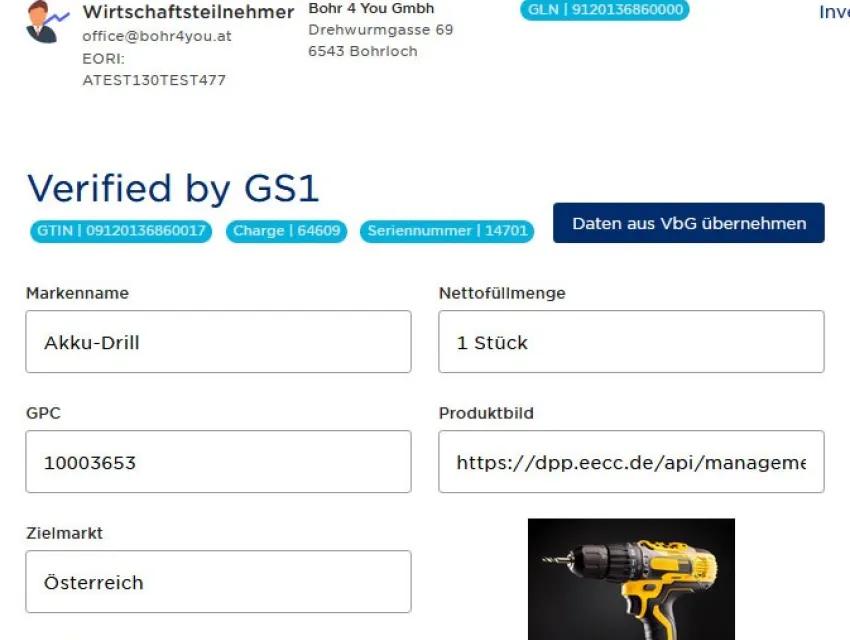 Screenshot aus dem DPP-Demo-Tool: Import der Stammdaten aus Verified by GS1