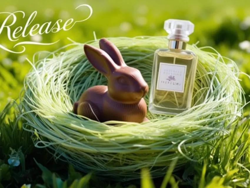 Schokolade-Osterhase und Parfum im Osternest