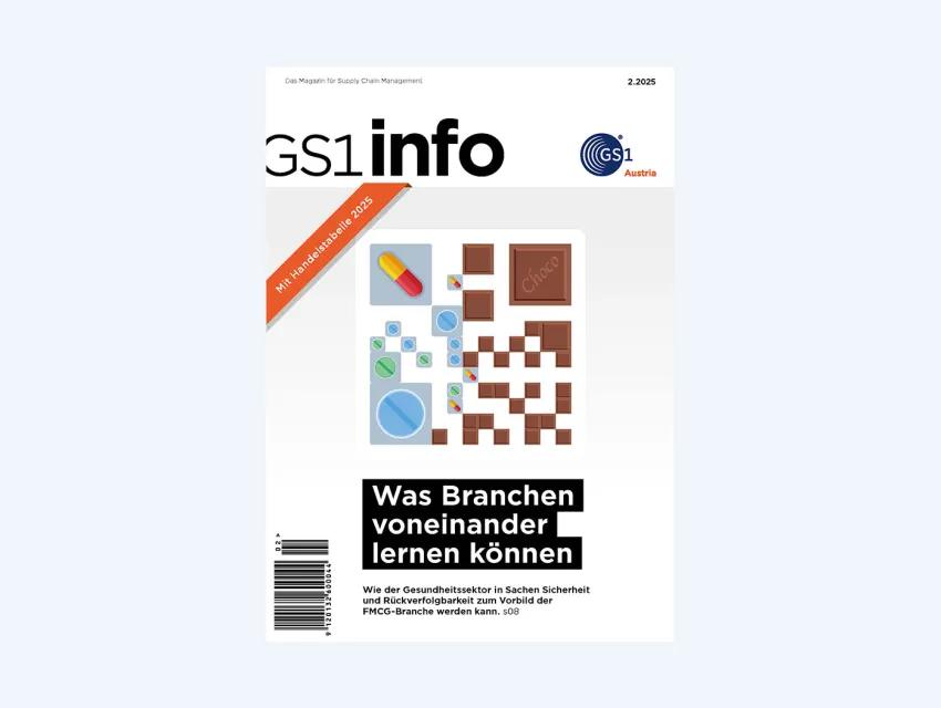 Cover der GS1 info 2.2025 mit Schwerpunkt „Vom Gesundheitswesen lernen“