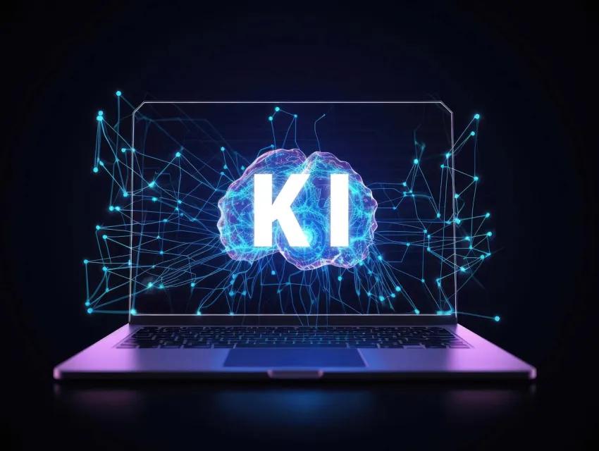 Symbolbild eines Laptops mit "KI" und einem Gehirn am Bildschirm