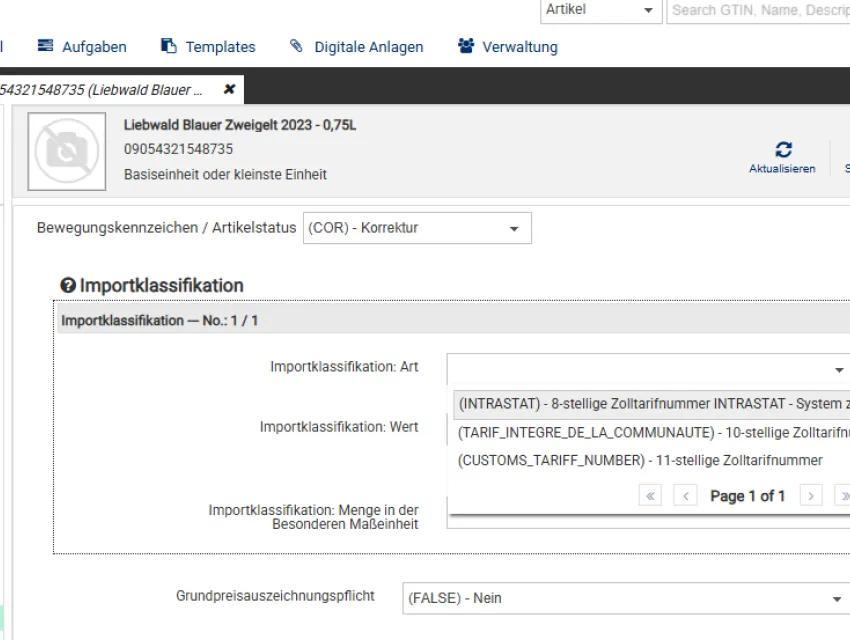 Screenshot aus dem GS1 Sync Produktiv-System mit Schritt 1