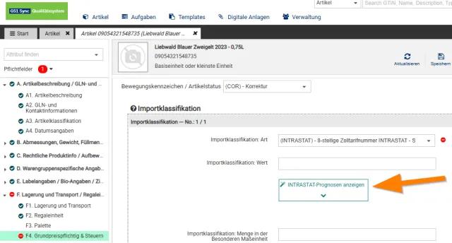 Screenshot aus dem GS1 Sync Produktiv-System mit Schritt 2a