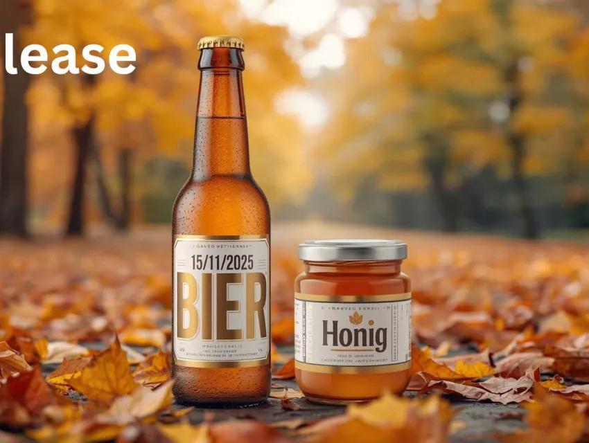 Bierflasche und Honigglas mit Ablaufdatum auf dem Etikett