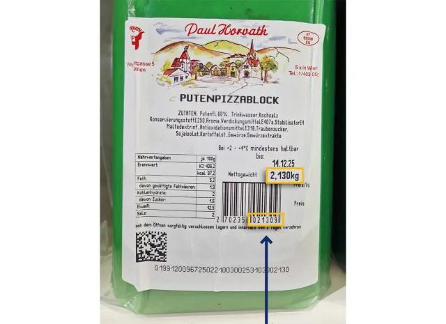 Etikett mit HPID auf gewichtsvariablem Putenpizzablock