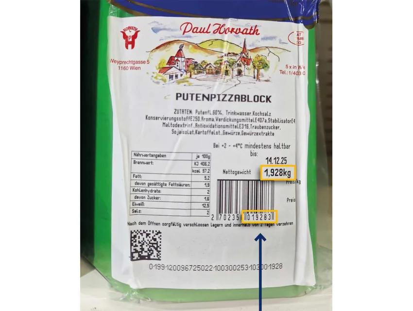 Etikett mit HPID auf gewichtsvariablem Putenpizzablock