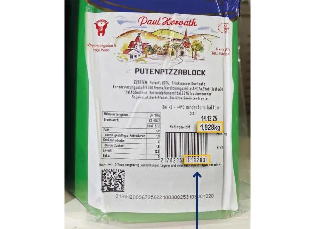 Etikett mit HPID auf gewichtsvariablem Putenpizzablock