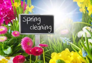 Foto einer Blumenwiese mit einem Schild, auf dem "Spring Cleaning", "Frühjahrsputz" steht