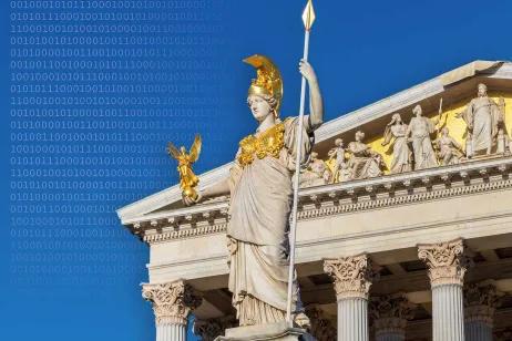 Foto zeigt eine Statue der Göttin Pallas Athene vor dem österreichischen Parlament