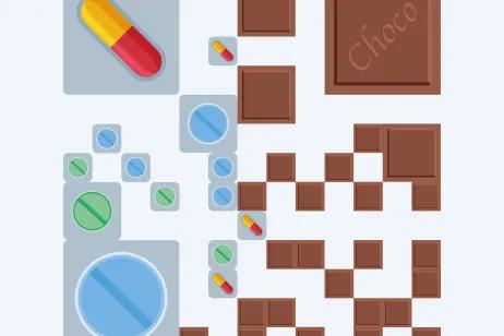 Illustration eines 2D Codes aus Medikamenten und Schokolade