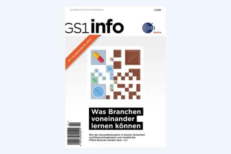 Cover der GS1 info 2.2025 mit Schwerpunkt „Vom Gesundheitswesen lernen“