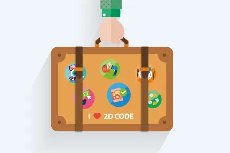 Illustration eines Koffers mit Stickern und der Aufschrift "I love 2D Codes"