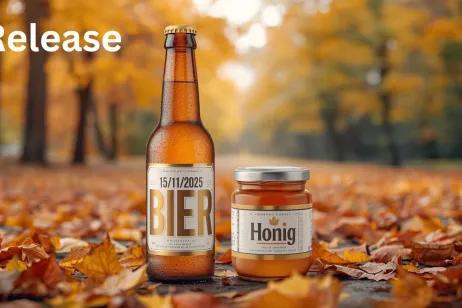 Bierflasche und Honigglas mit Ablaufdatum auf dem Etikett