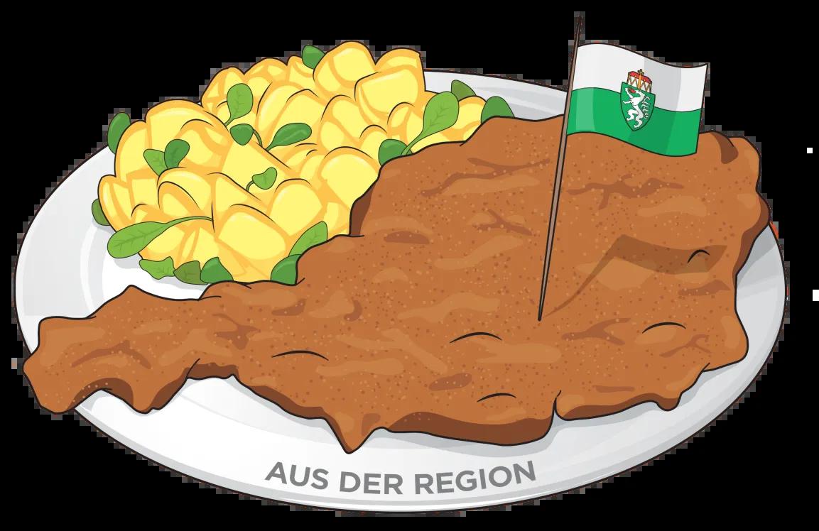 Teller mit einem Schnitzel aus der Region und einer Flagge mit steirischem Wappen