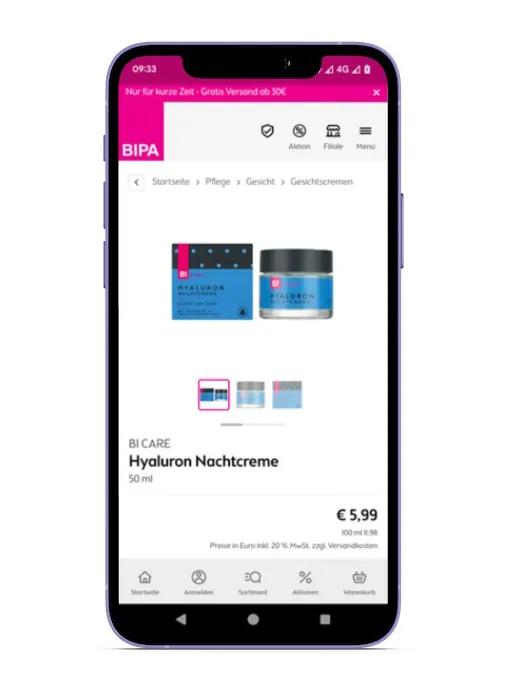 Screenshot von Artikeldaten im Bipa Onlineshop auf Mobiltelefon