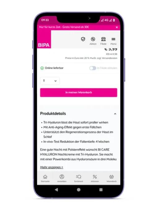 Screenshot von Artikeldaten im Bipa Onlineshop auf Mobiltelefon