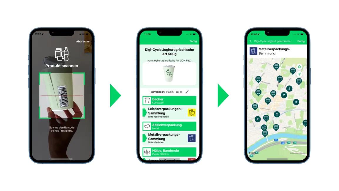 Screenshots der Digi-Cycle-App