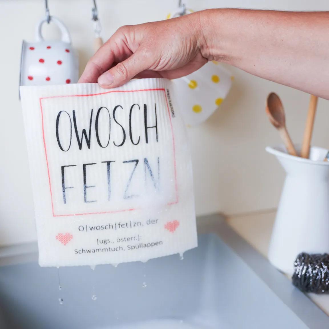 Foto eines „Owoschfetzn"-Abwaschtuch