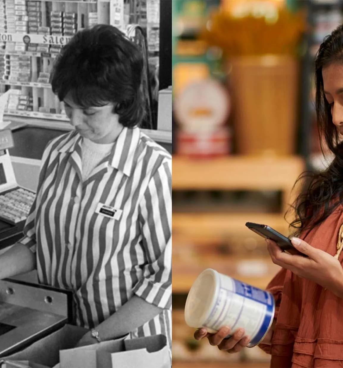 Foto zeigt das Scannen eines Barcodes 1974 und heute