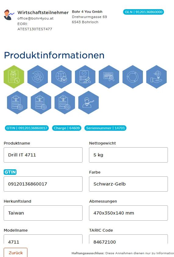 Screenshot aus dem DPP-Demo-Tool: Produktinformationen