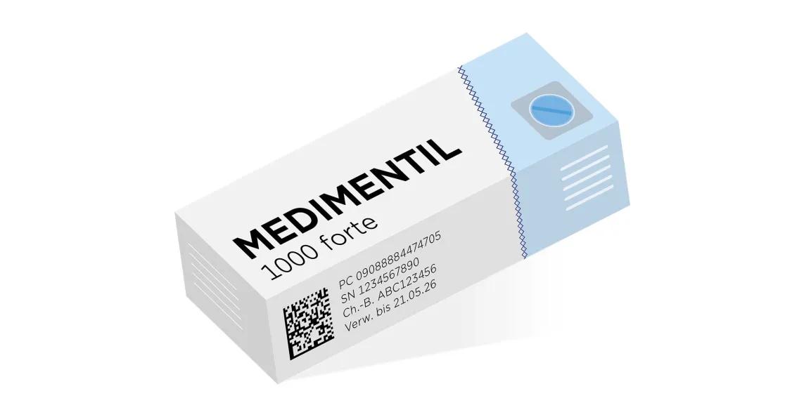2D Codes im Gesundheitswesen: Illustration einer Arzneimittel-Packung mit GS1 DataMatrix 