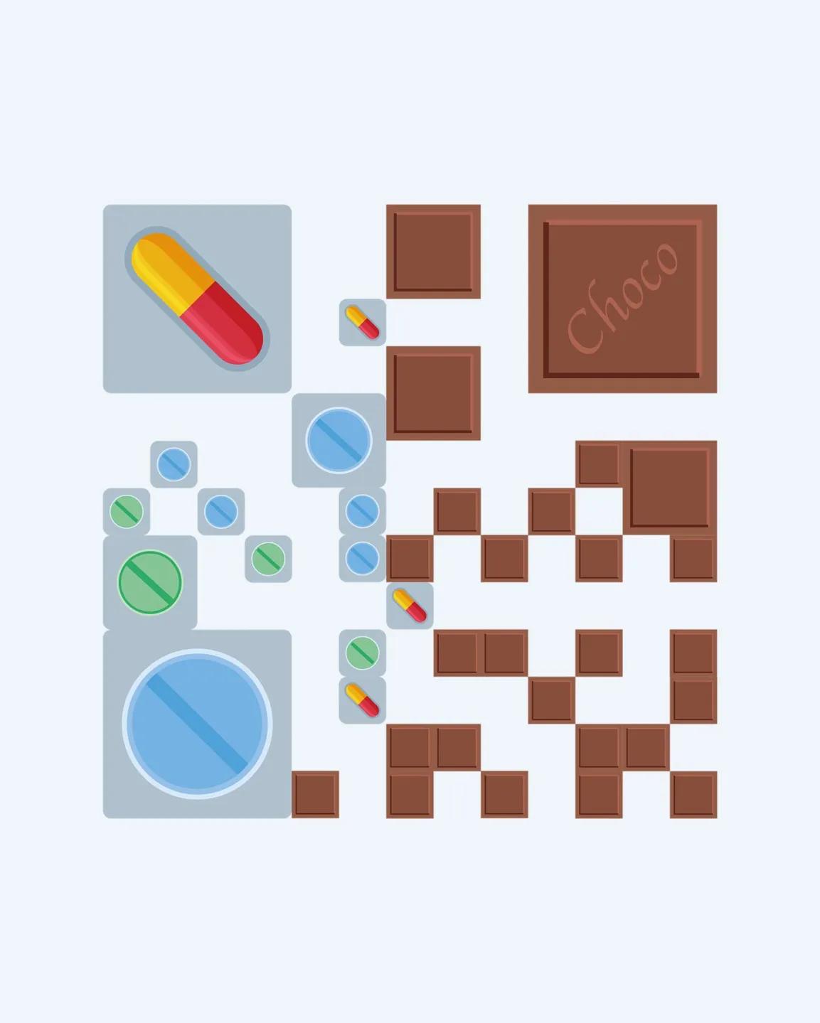 Illustration eines 2D Codes aus Medikamenten und Schokolade