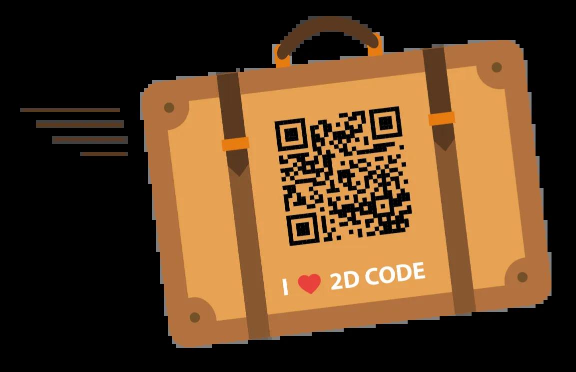Koffer mit 2D Code und der Aufschrift "I love 2D Code"
