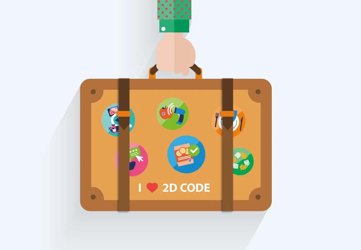 Illustration eines Koffers mit Stickern und der Aufschrift "I love 2D Codes"