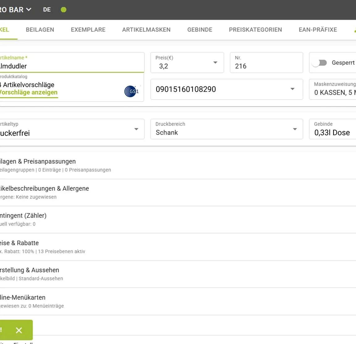 Screenshot der Eingabemaske des auf GS1 Sync basierenden APRO Produktkatalogs