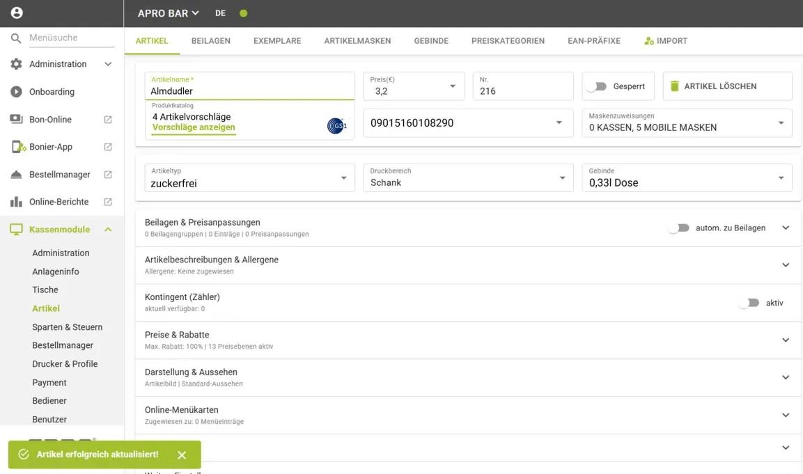 Screenshot der Eingabemaske des auf GS1 Sync basierenden APRO Produktkatalogs