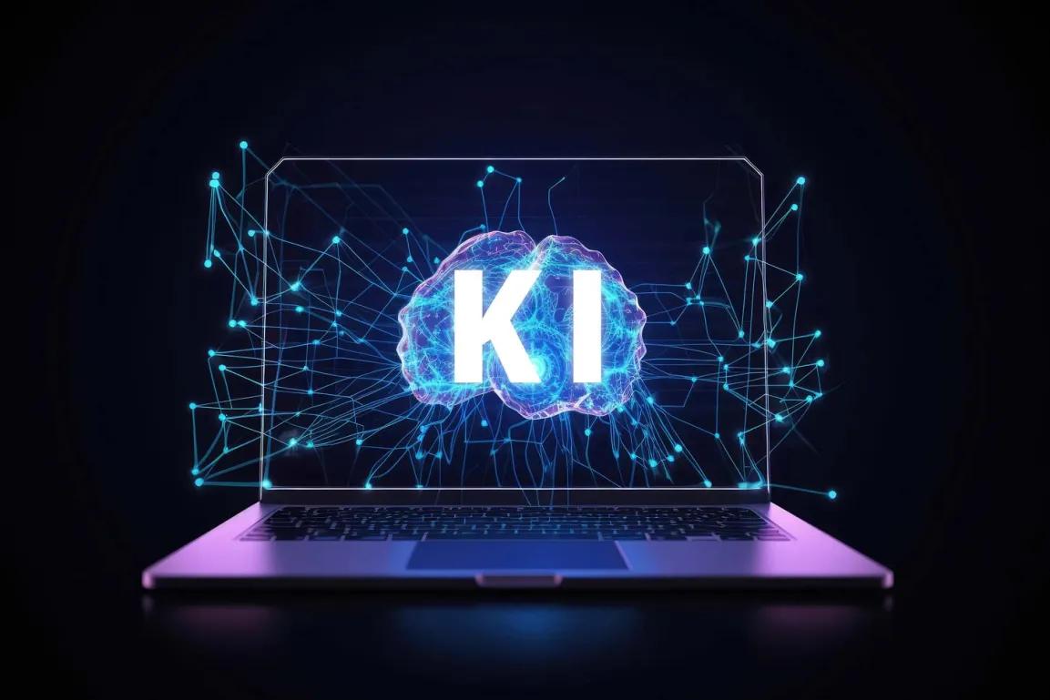 Symbolbild eines Laptops mit "KI" und einem Gehirn am Bildschirm