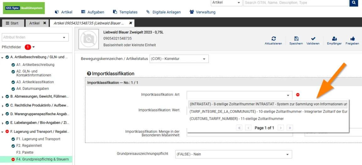 Screenshot aus dem GS1 Sync Produktiv-System mit Schritt 1