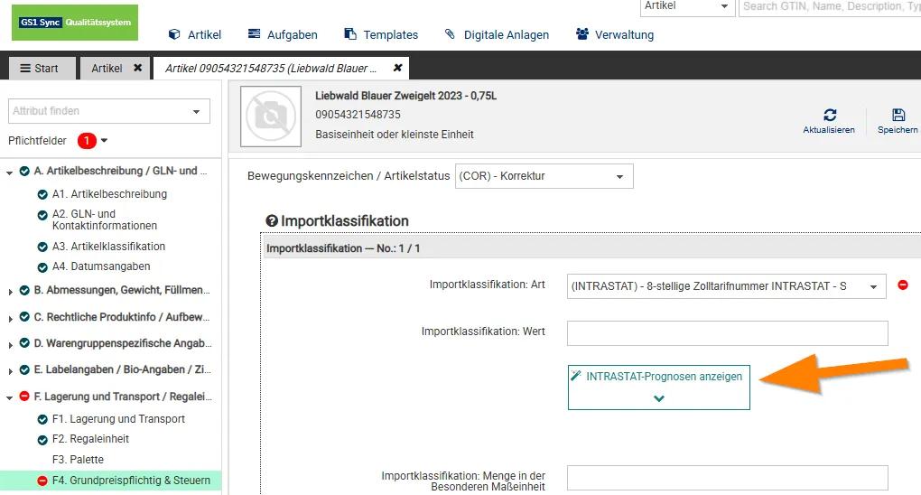 Screenshot aus dem GS1 Sync Produktiv-System mit Schritt 2a